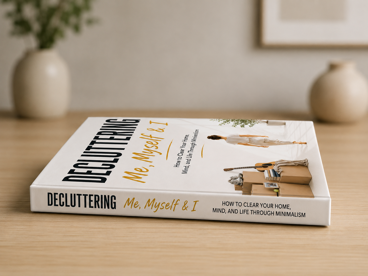 Decluttering Me, Myself & I hardcover lying on a minimalist table